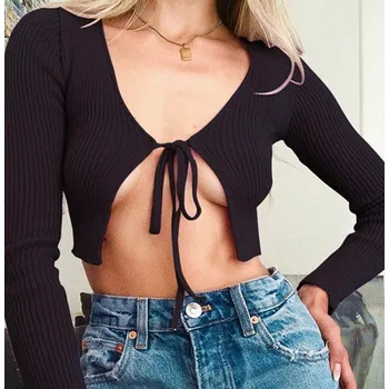 Dámský pletený crop top na zavazování černá S