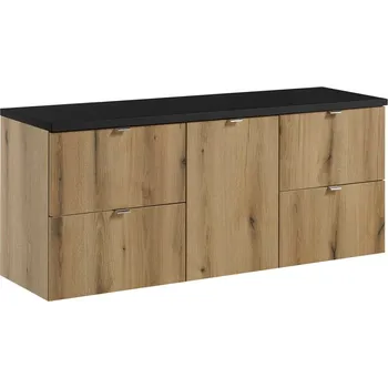 Policová skříň Závěsná skříňka pod umyvadlo Nova Oak s deskou 140 cm dub evoke/černý