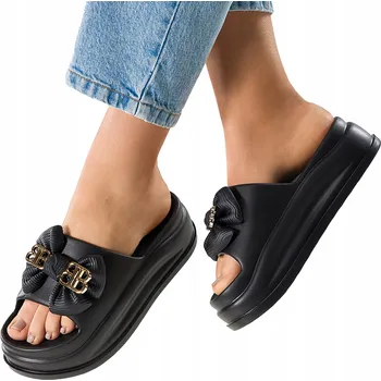 Dámské pantofle Dámské černé NAZOUVÁKY na pěnové platformě Mašle a zlatými ozdobami, velikost 38/39