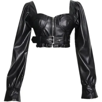 Dámský kožený crop top P1789 XL