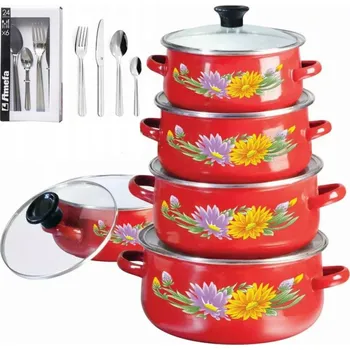 SMALTOVANÉ ČERVENÉ HRNCE SADA HRNCŮ + PŘÍBORY AMEFA COLIBRI 24EL