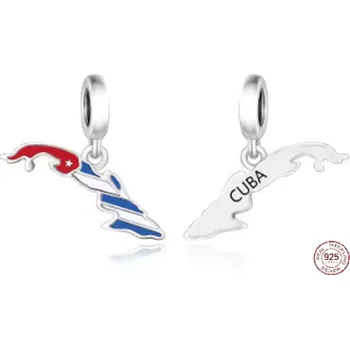 Přívěsek Charm Sterlingové stříbro 925 Cuba vlajka - houpající se mapa, přívěsek na náramek cestování