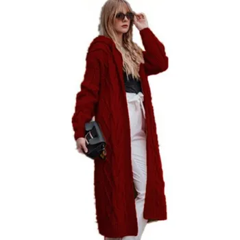 Dámský pletený cardigan s kapucí tmavě červená XL