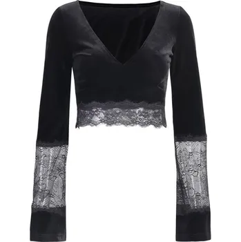 Dámský černý crop top s dlouhými rukávy A1277 XS