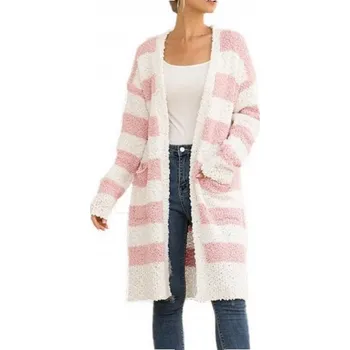 Dámský huňatý cardigan pruhovaný růžová XL