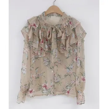Dámská blůza s mašlí a volánky béžova XS