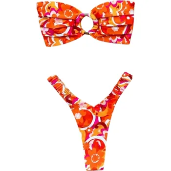 Dámské plavky Oranžovo-růžové bikiny s retro květinovým vzorem a kruhovým spojem Dvoudílné plavky bez ramínek Letní sexy plážový komplet XL