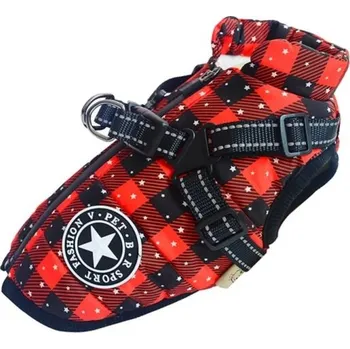 Obojek pro psa Teplá zimní bunda pro psy s kšíry Vycpaná nepromokavá bundička pro psy Voděodolný obleček pro malé a velké psy Zateplený kostkovaný kabátek pro psy L