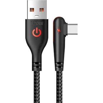 Datový kabel 90stupňový rychlonabíjecí kabel USB-C a USB-A 1,5 m rychlé nabíjení 6A 120W odolný konektor nabíjecí kabel příslušenství k telefonu černá