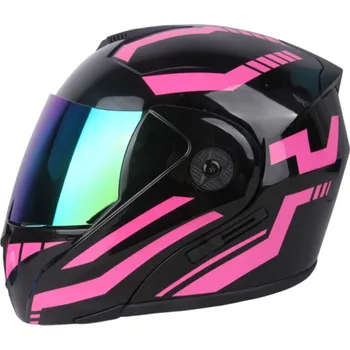 Motocyklové brýle Výklopná motocyklová helma černá s růžovými pruhy Dvojité hledí Barevné vnější hledí ABS Materiál Bezpečná přilba pro motorkáře S (55-56 cm)