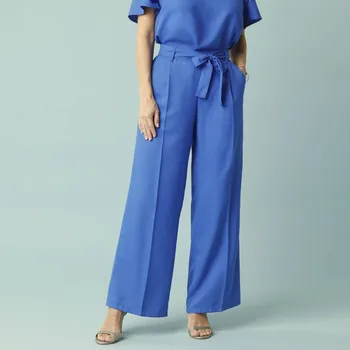 Dámské kalhoty Široké dlouhé kalhoty s pružným pasem a páskem, pro menší postavu tmavě modrá 40