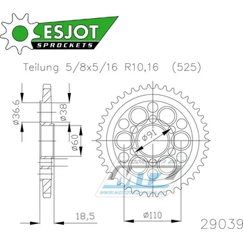 Rozeta ocelová (převodník) 29039-40zubů ESJOT 50-29039-40 - Ducati 1098R / 07-09 + 1098S / 07-10 + 1098 Streetfighter S & USA / 09-13 + 1198R Corse SE / 10-12 +1200 Diavel (ABS) / 11-18 + 1260 Dia 50-29039-40