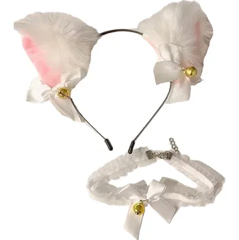 Karnevalová maska Čelenka s kočičími oušky a choker s rolničkou bílá