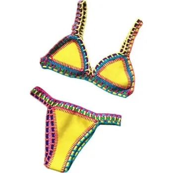 Dámské oblečení Dámské dvoudílné háčkované bikiny Trojúhelníková podprsenka Brazilky Ručně šité obšití Letní plavky na pláž a koupání styl boho žlutá M