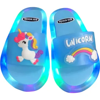 Dívčí obuv Dětské svítící pantofle s jednorožcem a duhou Pohodlné přezůvky s LED světlem Barevné domácí bačkory Roztomilý motiv pro holky a kluky modrá 28-29