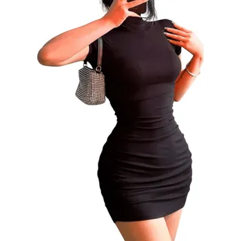 Dámské šaty Dámské přiléhavé mini šaty s krátkým rukávem a vysokým límečkem Elegantní elastický materiál s řasením Zvýraznění siluety černá L