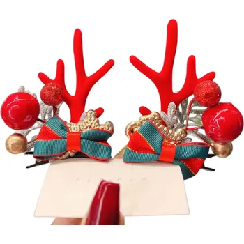 2 ks Dětské sponky do vlasů Sobí parohy Vánoční ozdoby do vlasů Roztomilé sponky se zeleno-červenou mašlí Zimní vlasové doplňky