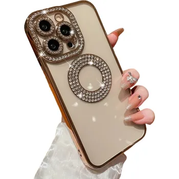 Pouzdro na mobilní telefon Průhledný kryt s diamanty na iPhone 15 Pro Max zlatá