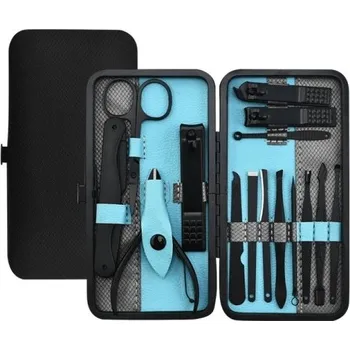 Sada na manikúru a pedikúru v černém koženém pouzdru Set s nástroji pro péči o nehty na nohou, na rukou a obličej Kleštičky, pilník, manikúrní nůžky, pinzeta, ušní lžíce Cestovní sada na nehty z nerezové oceli 15 ks