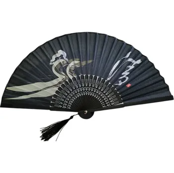 Karnevalový doplněk Čínský dámský skládací bambusový vějíř 21 cm Elegantní černý vějíř s motivem labutí Doplňek na léto Tanec Dekorace do interiéru