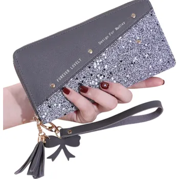 Dámská kožená peněženka s flitrovým vzorem střapcem pro štěstí mašličkou na zipu 19x9x2,5 cm přihrádky na karty kapsa na mince bezpečné zapínání šedá