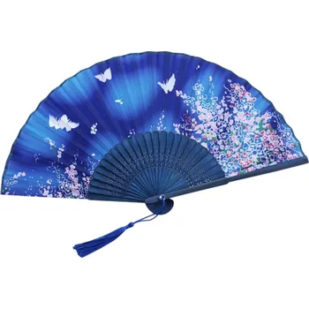 Karnevalový doplněk Čínský dámský bambusový vějíř šedý s motivem bílých motýlů a růžových květin Elegantní skládací vějíř Dekorace Taneční doplněk