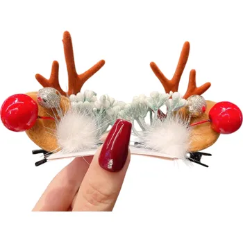 2 ks Dětské sponky do vlasů Sobí parohy a uši Vánoční sponky s bílými bambulkami Roztomilé zimní doplňky do vlasů Vánoční vlasové ozdoby