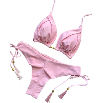 Dámské plavky Dámské bikiny s trojúhelníkovým topem a korálkovým zdobením Nastavitelné plavky se šňůrkami Elegantní dvoudílný plážový komplet růžová S