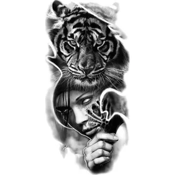 Odstranitelné tetování Dočasné vodotěsné tetování 11,5 x 21 cm Tygr se ženou Moderní realistický motiv Výdrž až 15 dní Snadná aplikace Tetování na tělo