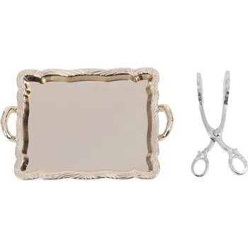 Doplněk pro panenku Tác a kleště do kuchyně pro panenku zlatá