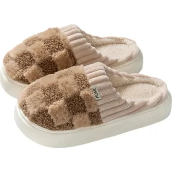 Pánská obuv Pánské teplé kostkované bačkory s měkkou podrážkou Chlupaté protiskluzové domácí pantofle Zimní pohodlné přezůvky Hebké hřejivé obutí hnědá 40-41