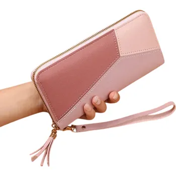 Peněženka Dámská peněženka s dlouhým zipem 10x19x2 cm, více než 14 přihrádek, kapsa na mince, střapec pro štěstí, odnímatelný popruh, mini kabelka růžová