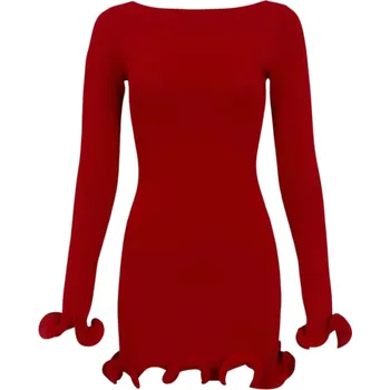 Dámské šaty Elegantní minišaty s dlouhým rukávem Vlnitý lem na rukávech a spodním okraji Jednoduchý střih Přiléhavý styl Stretch materiál červená S