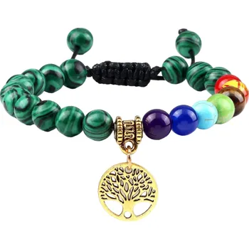 Náramek Nastavitelný náramek sedmi čaker s kamenem malachit zlatá