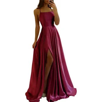 Dámské oblečení Dlouhé společenské šaty s rozparkem Hladký saténový povrch Šněrování na zádech Elegantní večerní róba pro ples svatbu galavečer vínová L