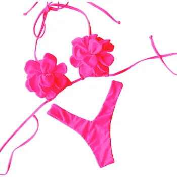 Dámské plavky Dámské bikiny s 3D květinovým topem a tanga kalhotkami Zavazovací plavky s květy pro stylový vzhled na pláži nebo u bazénu tmavě růžová S
