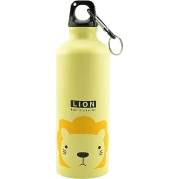 Dětská hliníková láhev na vodu 500 ml Žlutá turistická láhev pro děti Motiv lev 21 x 6,5 cm Školní sportovní láhev Pítko a víčko