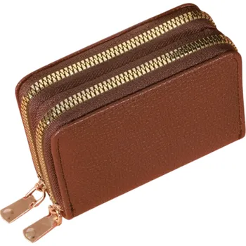 Peněženka Dámská kožená peněženka s dvojitým zipem 11x8x4 cm více než 18 přihrádek 2 kapsy na mince prémiová umělá kůže elegantní a kompaktní design hnědá