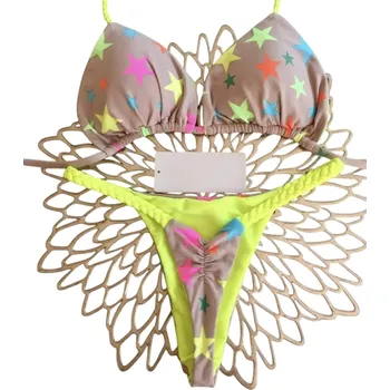 Dámské plavky Dámské dvoudílné bikiny se vzorem Trojúhelníková podprsenka Tanga G-string kalhotky Pletené šňůrky Sexy plavky na léto a opalování žlutá S