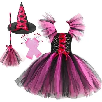 Karnevalová maska Dívčí kostým čarodějnice s kloboukem a doplňky Halloweenský kostým Čarodějnický kostým pro dívky Kostým na karneval růžová 10