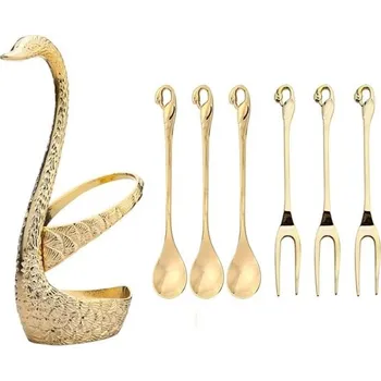 Příbor Sada příborů se stojanem ve tvaru labutě 7 ks zlatá
