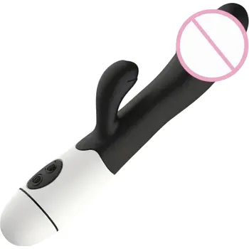 Vibrátor Dvojitý vibrátor s vystouplou hlavicí, 30 vibračními režimy a výstupkem pro klitoris 19,5x3,3 cm silikonový povrch diskrétní balení černá