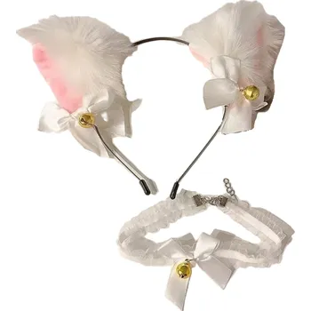 Karnevalová maska Kočíčí uši na čelence s chokerem Kočičí uši s rolničkami Plyšové kočičí uši na čelence Doplněk na cosplay bílá