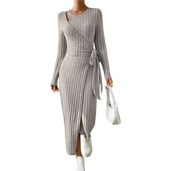 Dámské šaty Žebrované úpletové šaty s dlouhým rukávem a páskem Elegantní pružné midi šaty s rozparkem a asymetrickým výstřihem béžova XXL