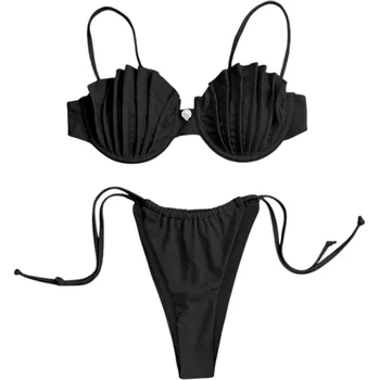 Dámské plavky Dámské bikiny s košíčky ve tvaru mušlí a push-up efektem Zavazovací kalhotky s vysokým střihem Ideální pro pláž a letní dovolenou černá L