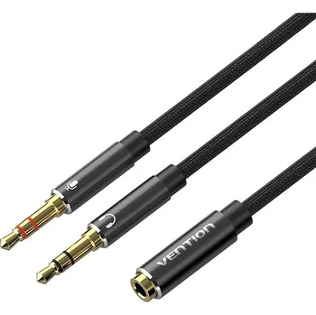 Datový kabel Vention Cotton Braided Dual 3.5mm TRS Male to 3.5mm Female Audio Cable 0.3M Black Aluminum Alloy Hea