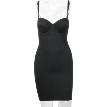 Dámské šaty Zeštíhlující dámské šaty s push-up košíčky Bezešvé elastické tvarovací šaty nad kolena Modelující šaty pro štíhlou siluetu Stahovací šaty pro ženy černá L