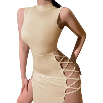 Dámské šaty Dlouhé výrazné šaty z elastického materiálu Přiléhavé šaty se stojáčkem Bez rukávů Odhalené boky Šněrování na bocích v křížovém stylu béžova L