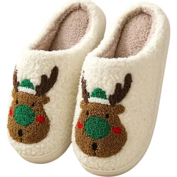 Pánské pantofle Vánoční chlupaté pohodlné pantofle se sobem Roztomilé plyšové bačkory s 3D motivem Hřejivá domácí obuv na zimu Zábavné boty na Vánoce zelená 40-41