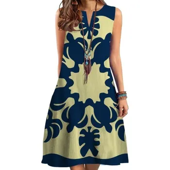 Dámské šaty Letní dámské šaty bez rukávů s kulatým výstřihem Volný střih Etnický květinový vzor Elegantní lehké plážové šaty L